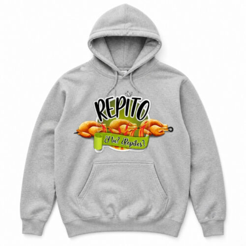 Sudadera gris con capucha y logo de Asador de Pollos Repito
