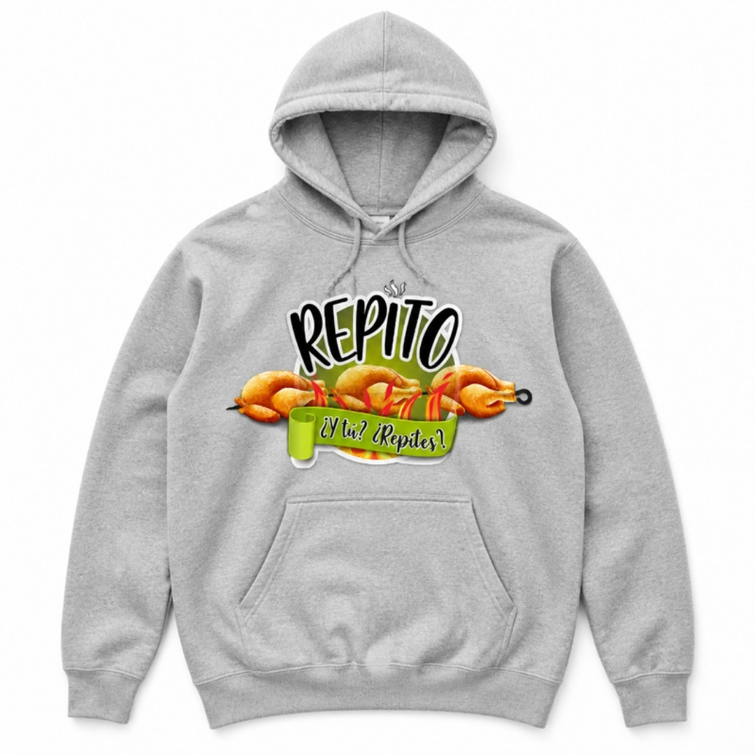 Sudadera gris con capucha y logo de Asador de Pollos Repito
