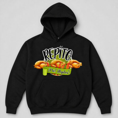 Sudadera negra con capucha y logo de Asador de Pollos Repito